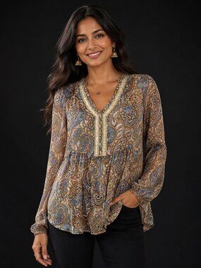 Boho Paisley Beaded Peasant Blouse Sheer Bohemian Top Sz S